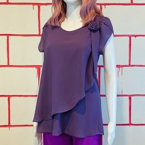 Purple Short Sleeve Sheer Blouse with Flower 🌹and Ruffles